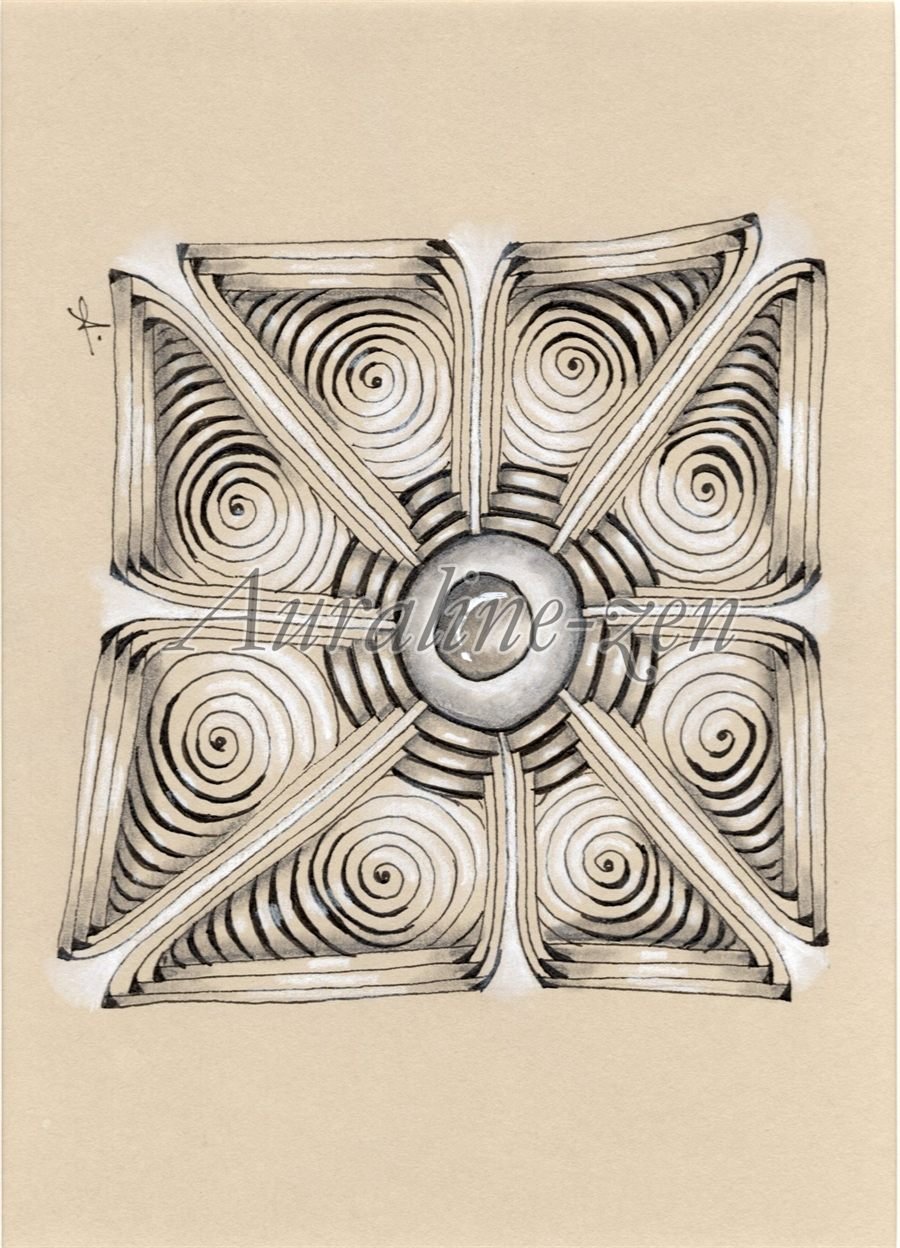 Tuile aux spirales rayonnant autour d'une perle centrale, encre et graphite sur papier teinté, de Nathalie Guillemet